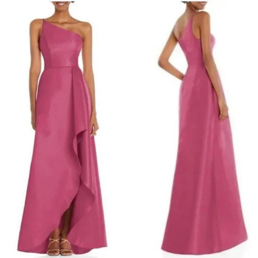 Alfred Sung Tea Rose One-Shoulder Satin Gown D831